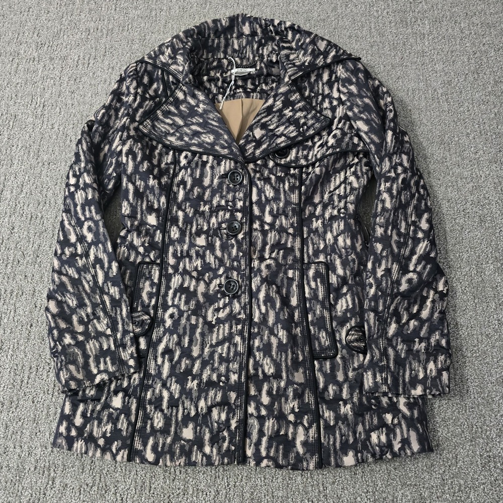 Cache Womens Small Animal Print Trench Jacket Black Taupe Button Coat Stretch